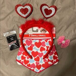 Red Heart Headband and Bandana , 2 hair bows for your valentine pup